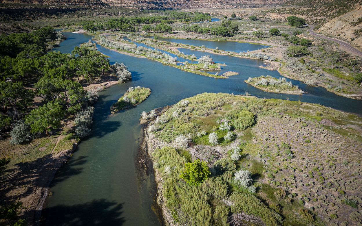 The winding San Juan river snakes its way through a vast desert landscape.