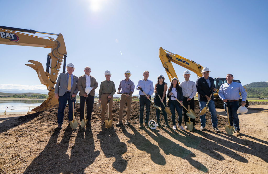 Officials posing with shovels at the groundbreaking of the Windy Gap Connectivity Channel