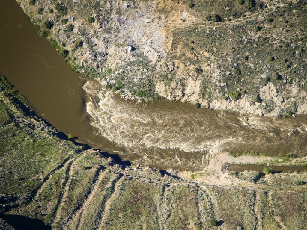 Overhead view of water flowing through the Maybe diversion section of the lower Yampa River.